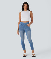 Halara Flex™ High Waisted Pockets Denim Casual Leggings - Tide Blue Denim