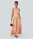 Ribbed Boat Neck Asymmetric Strap Ruched Pocket Flowy Maxi Casual Dress - Sunset Orange