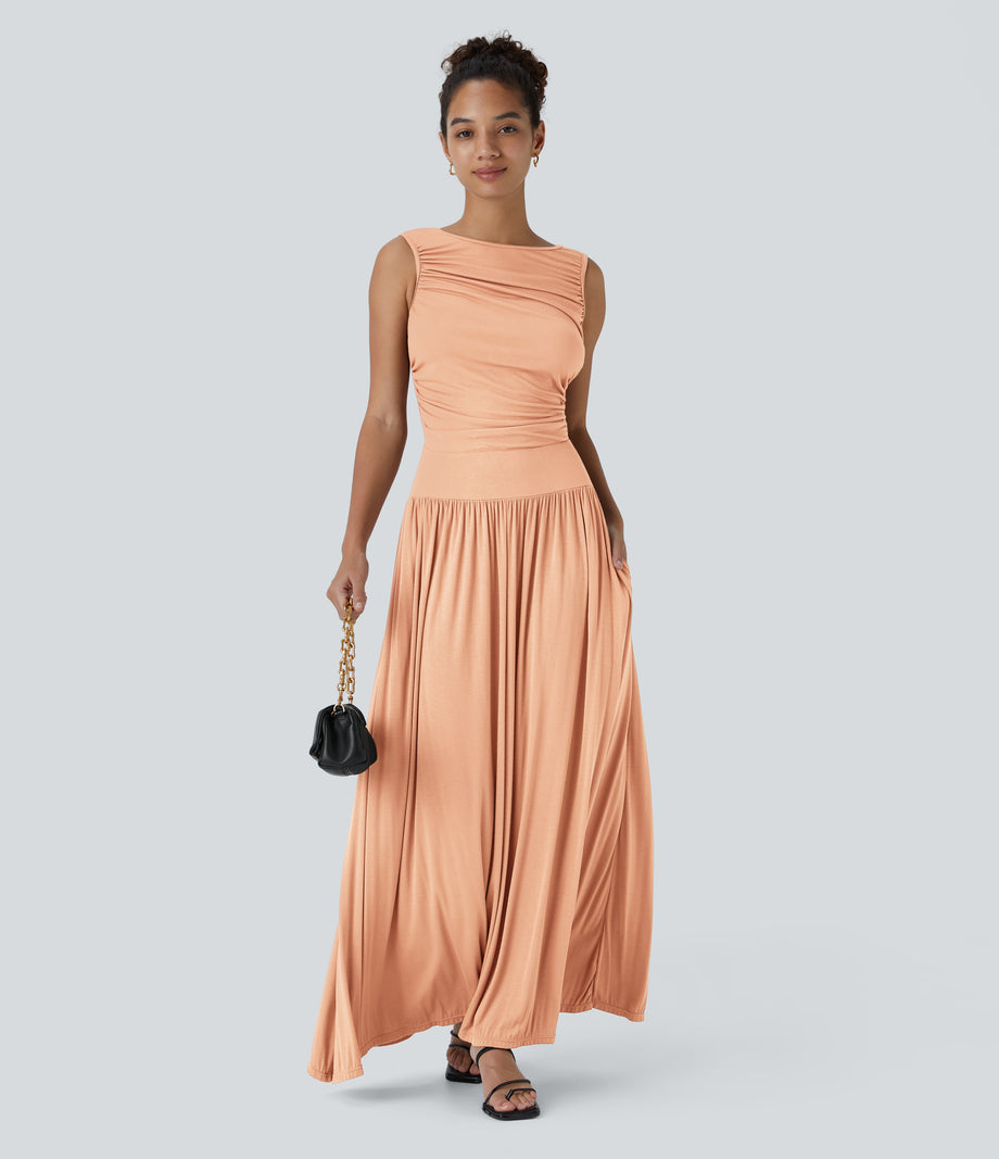 Ribbed Boat Neck Asymmetric Strap Ruched Pocket Flowy Maxi Casual Dress - Sunset Orange