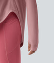 One Shoulder Long Sleeve Thumb Hole Curved Hem High Low Quick Dry Yoga Sports Top-Built-in Bra - Soft Berry