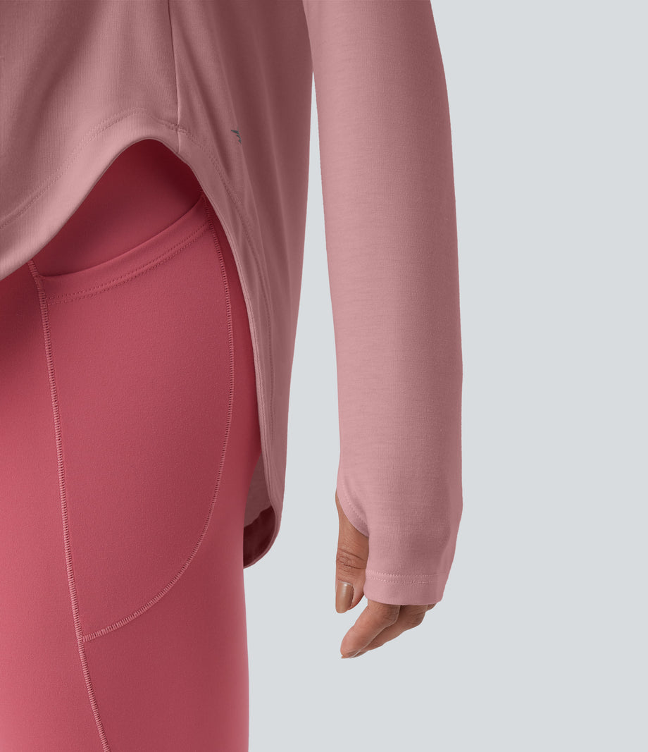 One Shoulder Long Sleeve Thumb Hole Curved Hem High Low Quick Dry Yoga Sports Top-Built-in Bra - Soft Berry