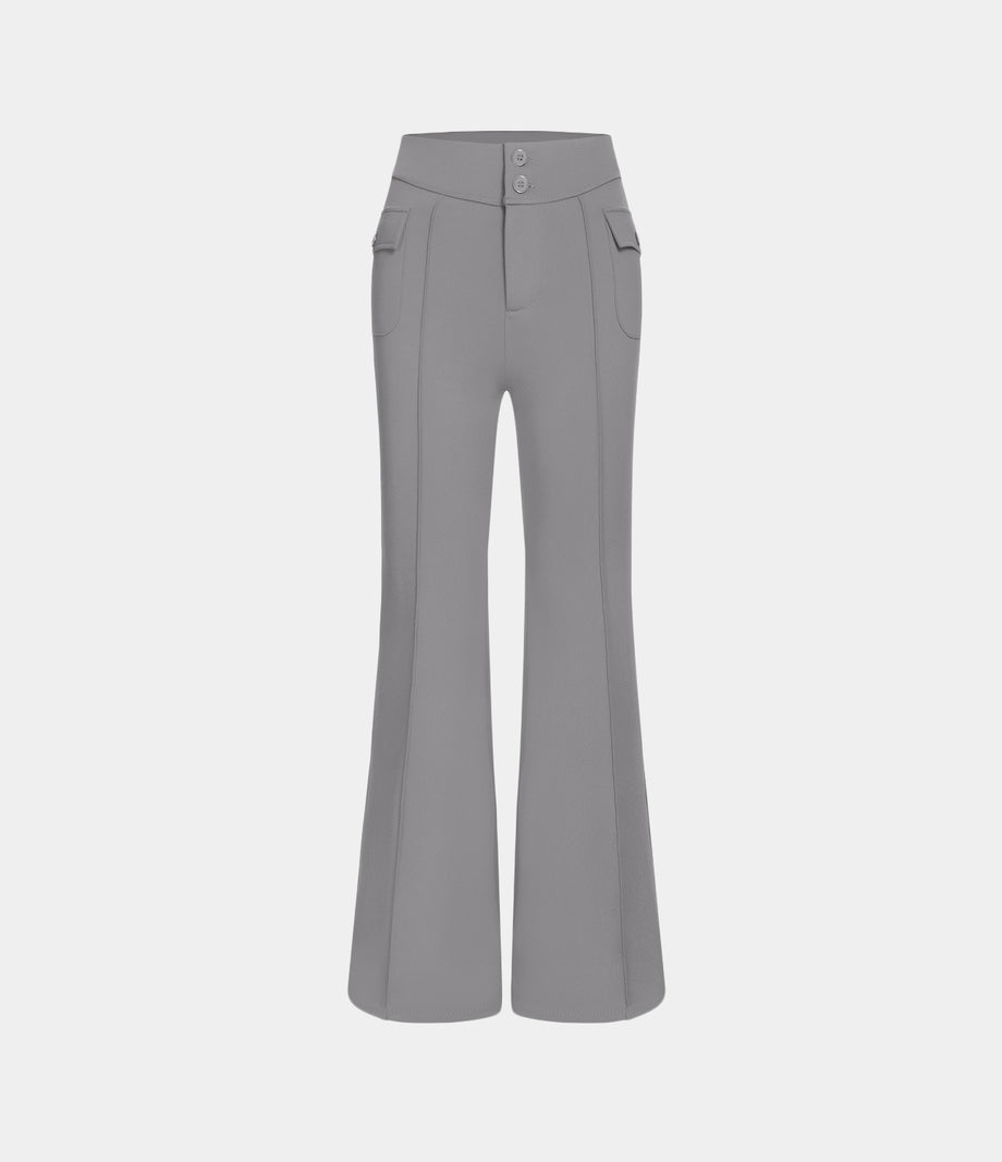 High Waisted Side Flap Pocket Flare Casual Cargo Pants - Silent Storm