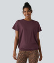 Round Neck Short Sleeve Ruched Cool Touch Yoga Sports Top-UPF50+ - Fig