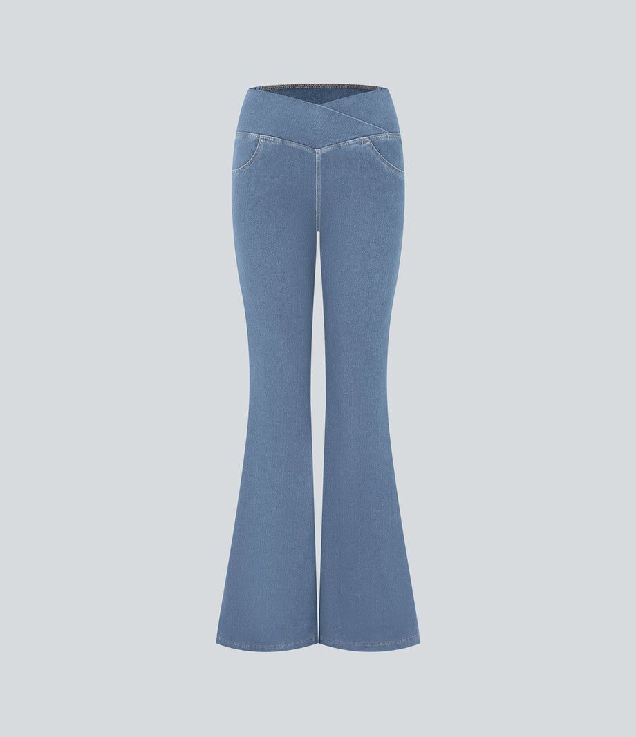 Halara Flex™ High Waisted Crossover Pocket Cool Touch Washed Casual Jeans - Pastel Blue Denim