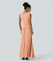 Ribbed Boat Neck Asymmetric Strap Ruched Pocket Flowy Maxi Casual Dress - Sunset Orange