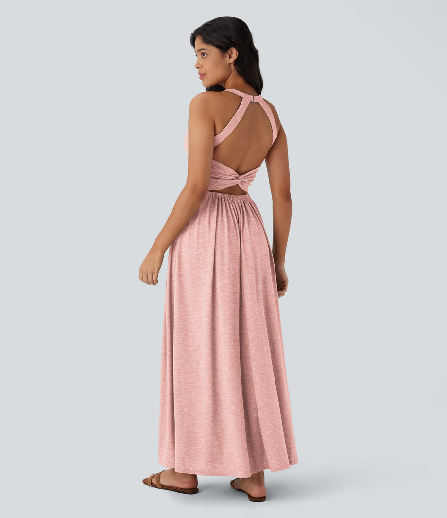 Twisted Backless Split Flowy Maxi Resort Dress with Pockets - Creole Pink Floral Yarn