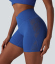 SoftlyZero™ High Waisted Crossover Contrast Lace Pocket Yoga Biker Shorts 5''-UPF50+ - Beaucoup Blue