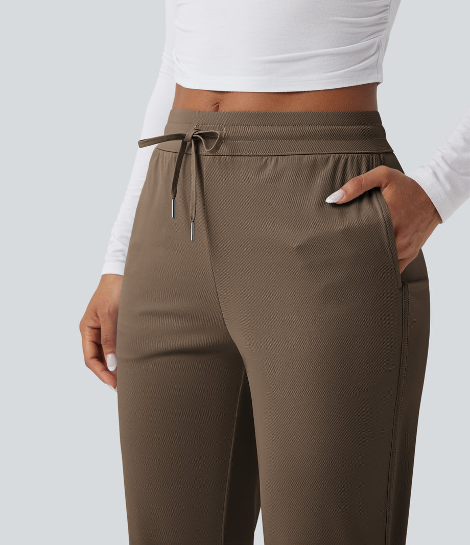 Mid Rise Drawstring Curved Hem Quick Dry Golf Tapered Pants with Pockets-UPF40+ - Shitake