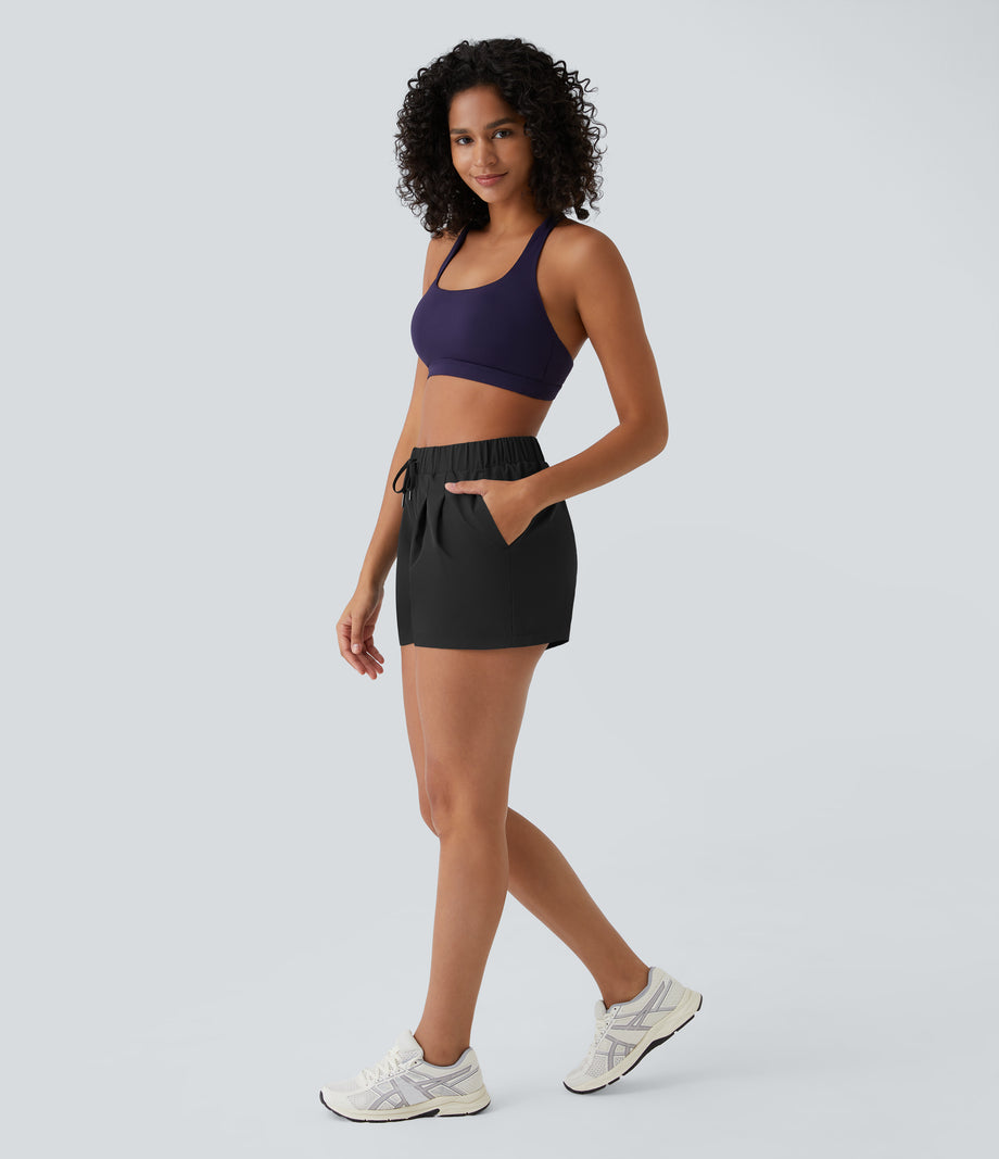 High Waisted Elastic Waistband Drawstring Pleated Yoga Shorts 3" with Pockets - Black