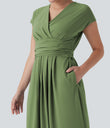 Breezeful™ V Neck Short Sleeve Pocket Tie Back Quick Dry Midi Casual Dress - Hot Wasabi - Green