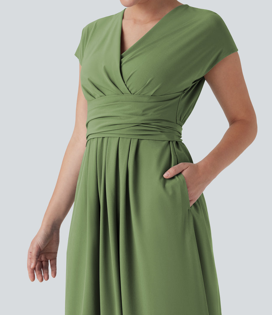 Breezeful™ V Neck Short Sleeve Pocket Tie Back Quick Dry Midi Casual Dress - Hot Wasabi - Green