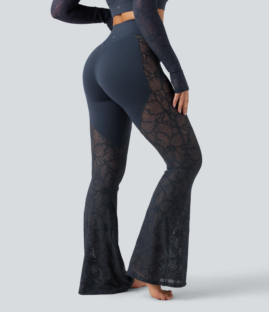 Halara UltraSculpt™ High Waisted Tummy Control Contrast Lace Yoga Flare Leggings with Pocket - Carbon