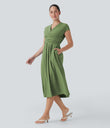 Breezeful™ V Neck Short Sleeve Pocket Tie Back Quick Dry Midi Casual Dress - Hot Wasabi - Green