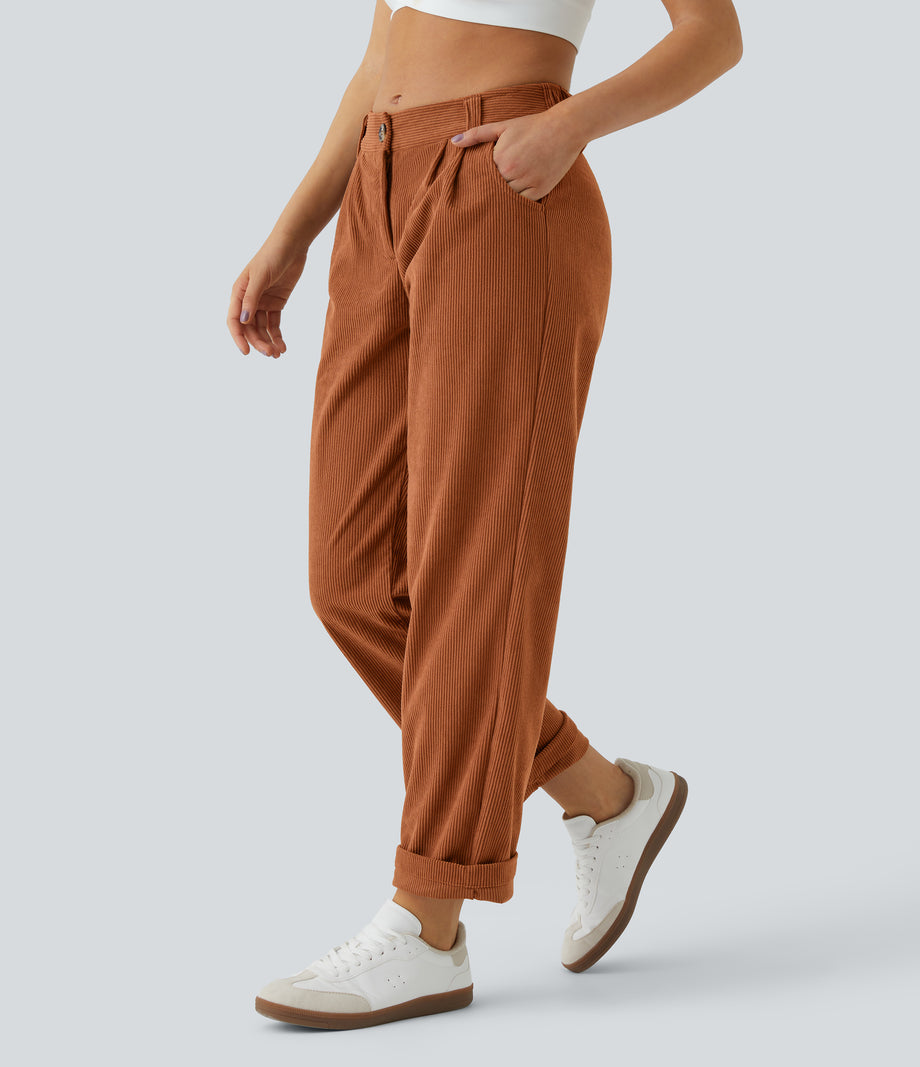 Mid Rise Zipper Pocket Corduroy Casual Pants - Baked Clay
