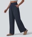 High Waisted Drawstring Wide Leg Casual Linen-Blend Pants with Pockets - Always in a Mood - Dark Blue