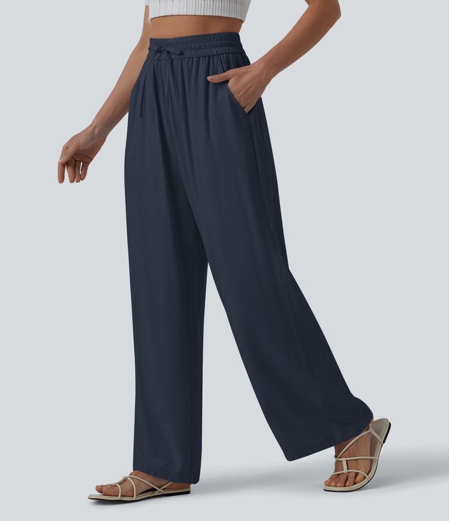 High Waisted Drawstring Wide Leg Casual Linen-Blend Pants with Pockets - Always in a Mood - Dark Blue