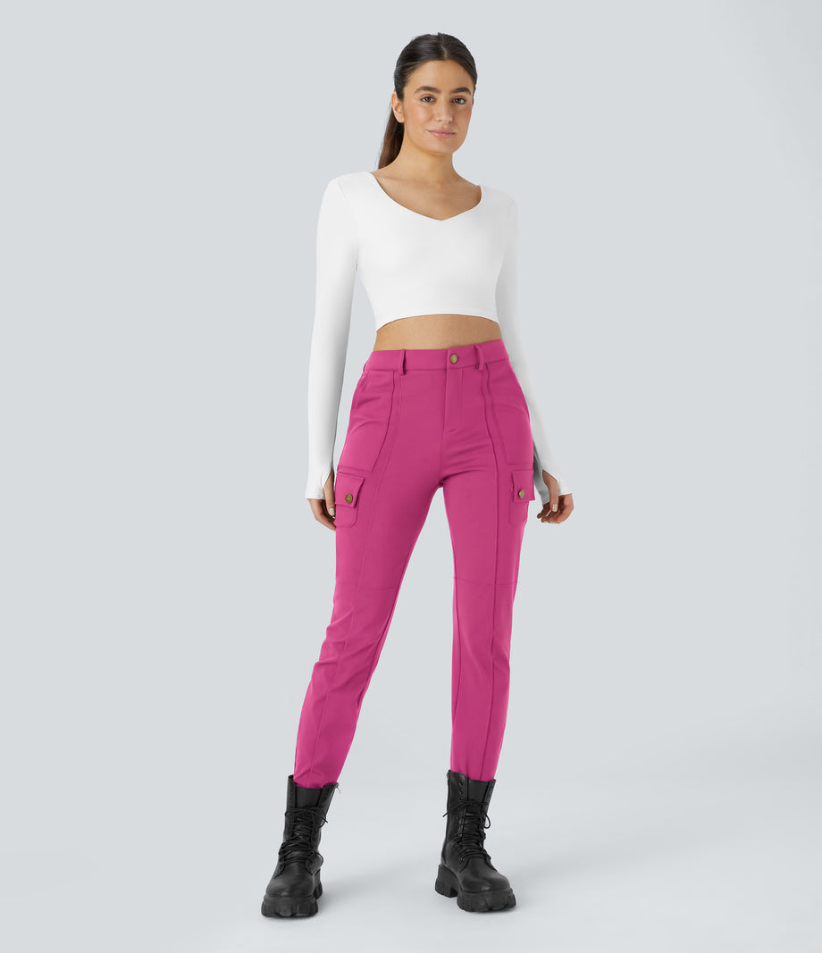 DayStretch High Waisted Zipper Pockets Solid Skinny Cargo Pants - Raspberry Rose