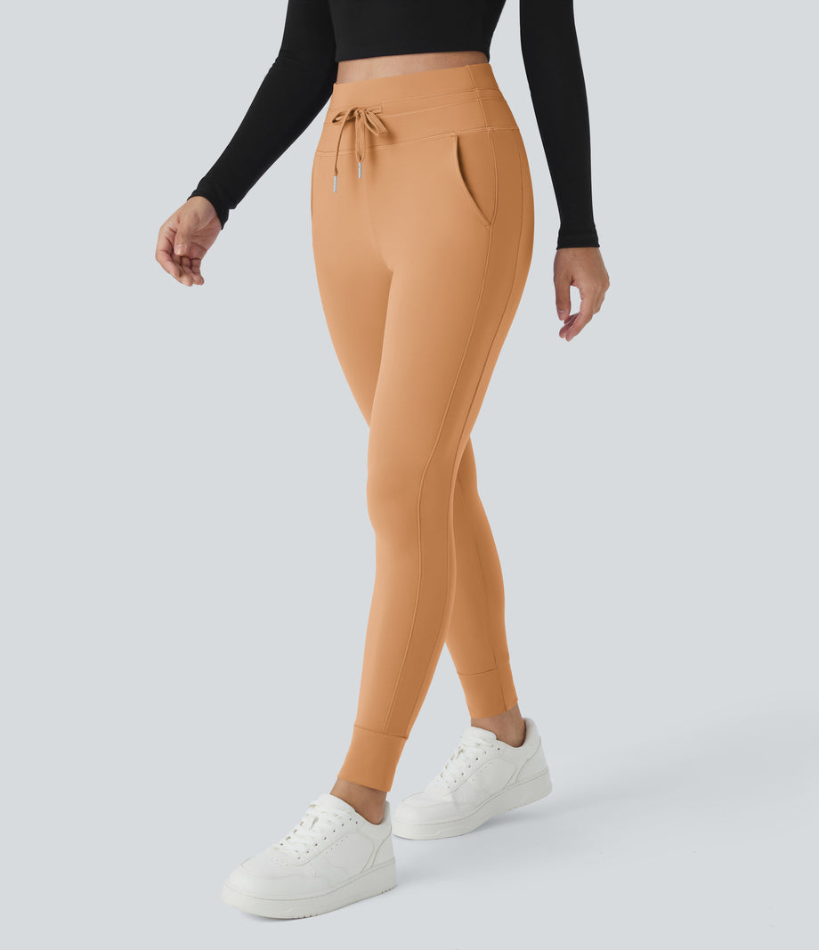 SoftlyZero™ Plush High Waisted Drawstring Pocket Plain Full Length Joggers - Butterum