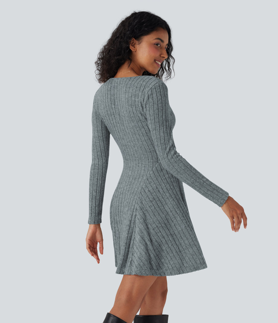 Ribbed Knit V Neck Long Sleeve Flare Mini Casual Dress with Pockets - Light Blue Floral Velvet