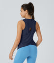 Cut Out Crossover Hem Solid Yoga Tank Top - Dark Blue