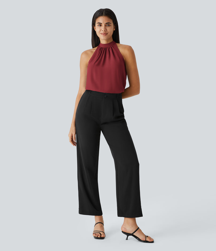 Keyhole Back Halter Sleeveless Curved Hem Work Blouse - Plum Bossom Red