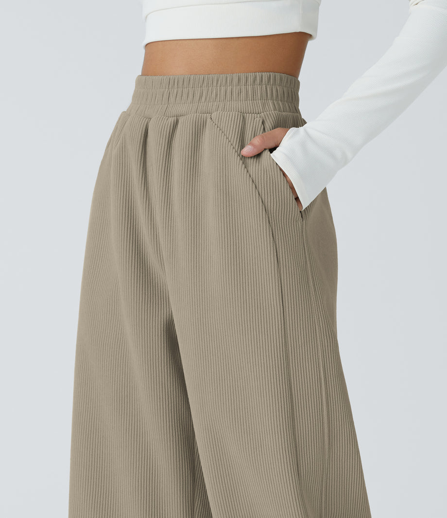 High Waisted Pocket Straight Leg Baggy Mop Corduroy Casual Pants - Crockery