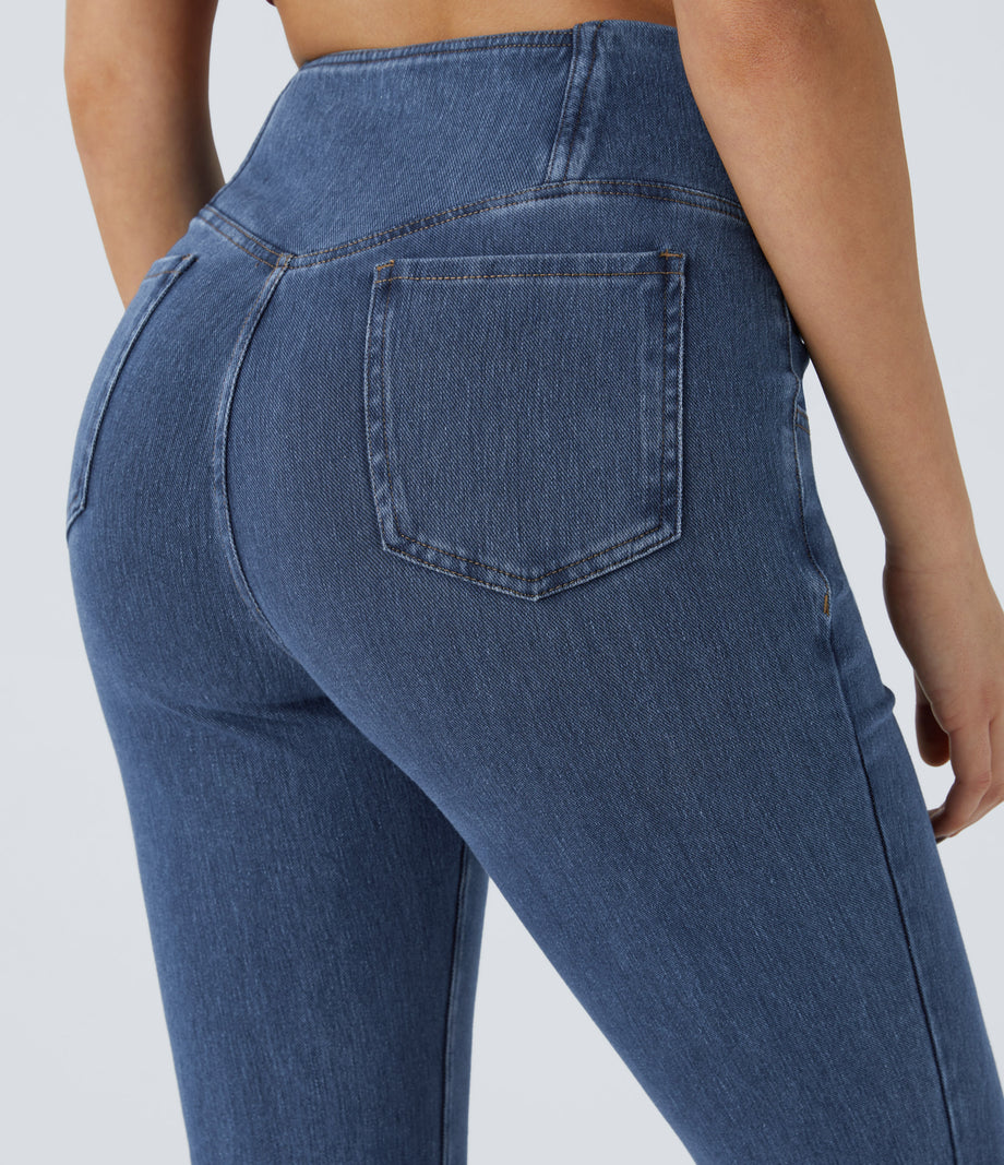 Halara Flex™ High Waisted Crossover Pocket Washed Casual Jeans - Washed Denim Bleached Blue