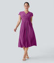 Breezeful™ V Neck Short Sleeve Pocket Tie Back Quick Dry Midi Casual Dress - Purple Wine