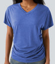V-neck Short Sleeve Ruched Relaxed Casual Top - Sky Blue Floral Yarn