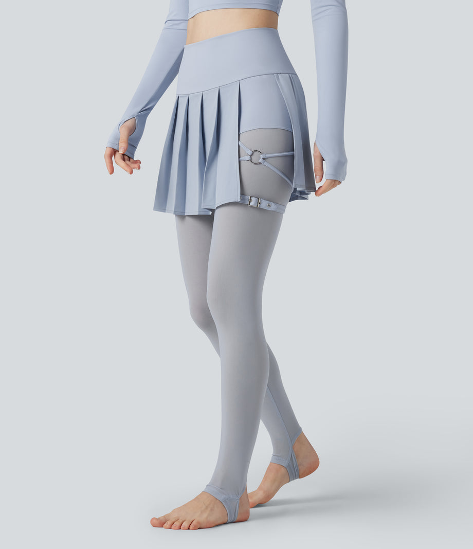 Breezeful™ High Waisted Pleated 2-in-1 Contrast Mesh Quick Dry Dance Stirrup Skirted Leggings with Pockets - Ballad Blue