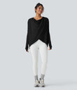 Hooded Cowl Neck Long Sleeve Thumb Hole Yoga Sports Top with Pockets - Black