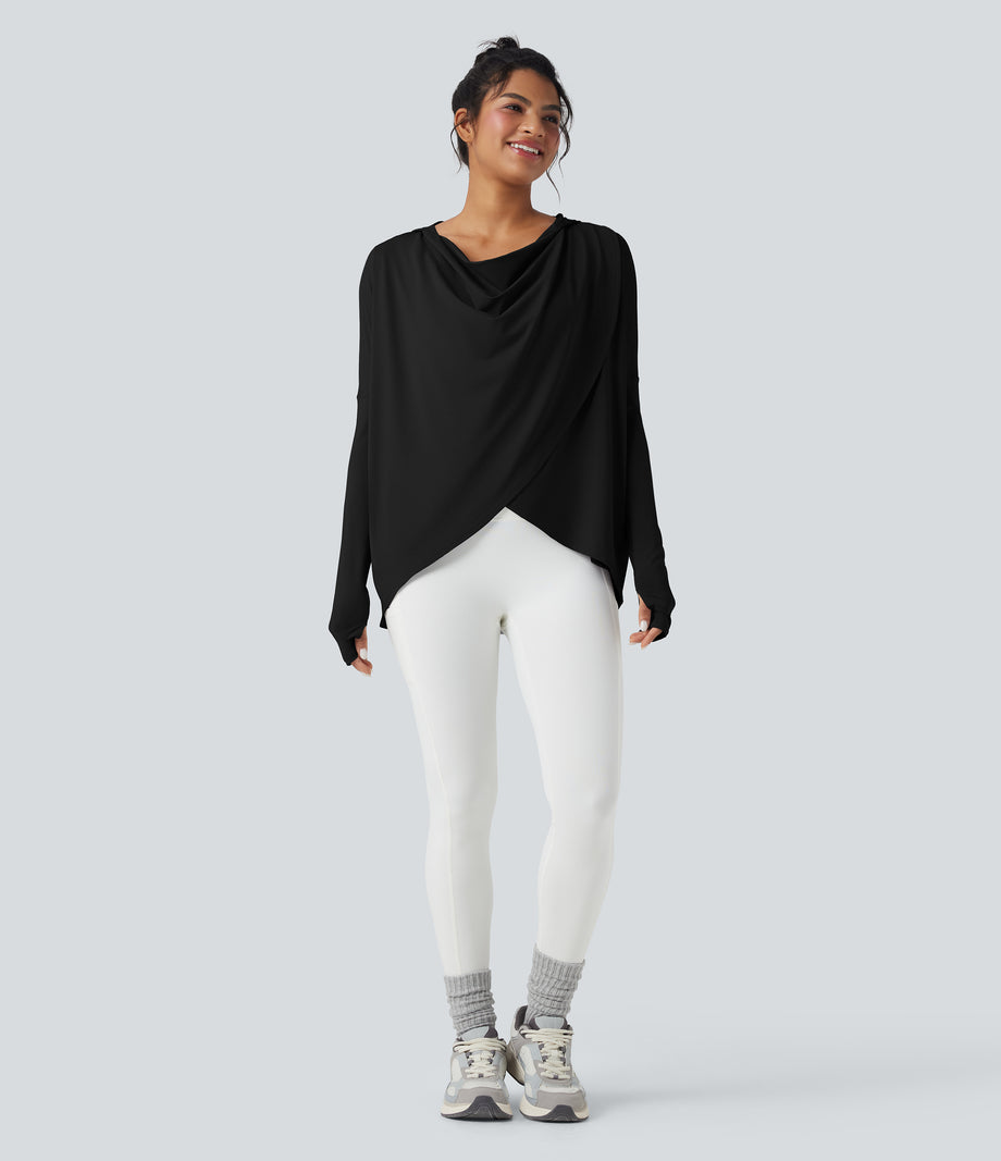 Hooded Cowl Neck Long Sleeve Thumb Hole Yoga Sports Top with Pockets - Black
