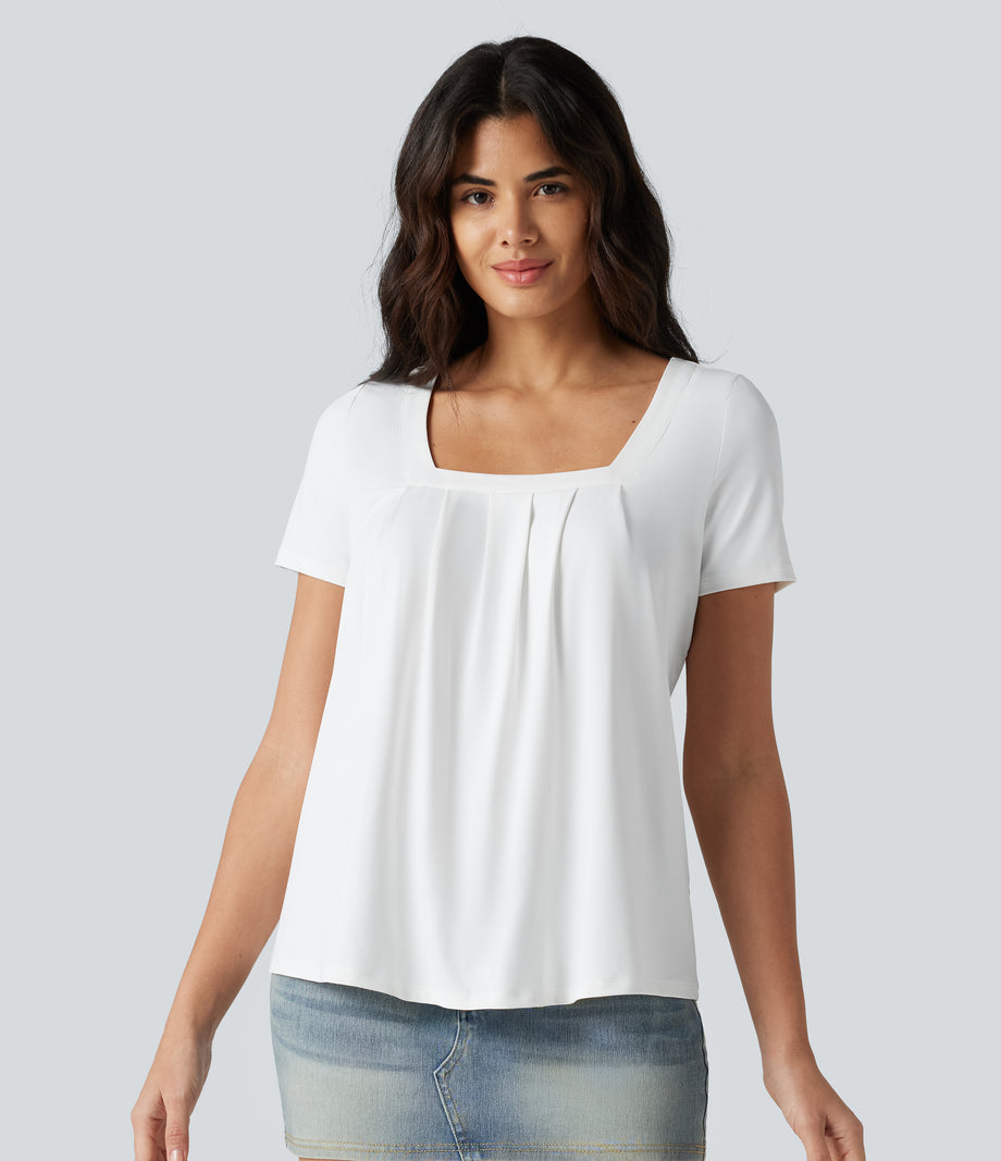 Square Neck Short Sleeve Casual Top - White