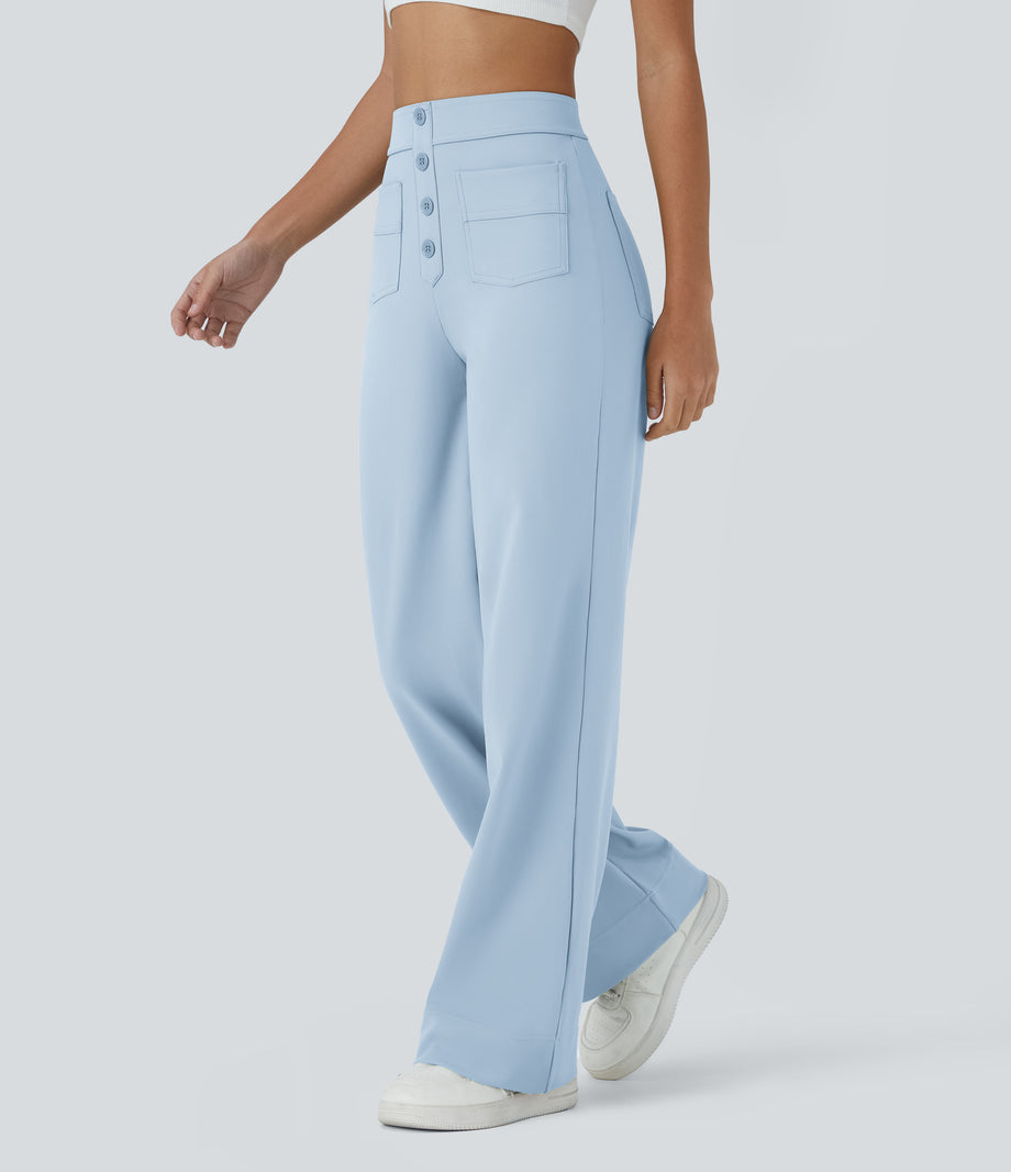 DayStretch High Waisted Pockets Straight Leg Casual Pants - Omphalodes