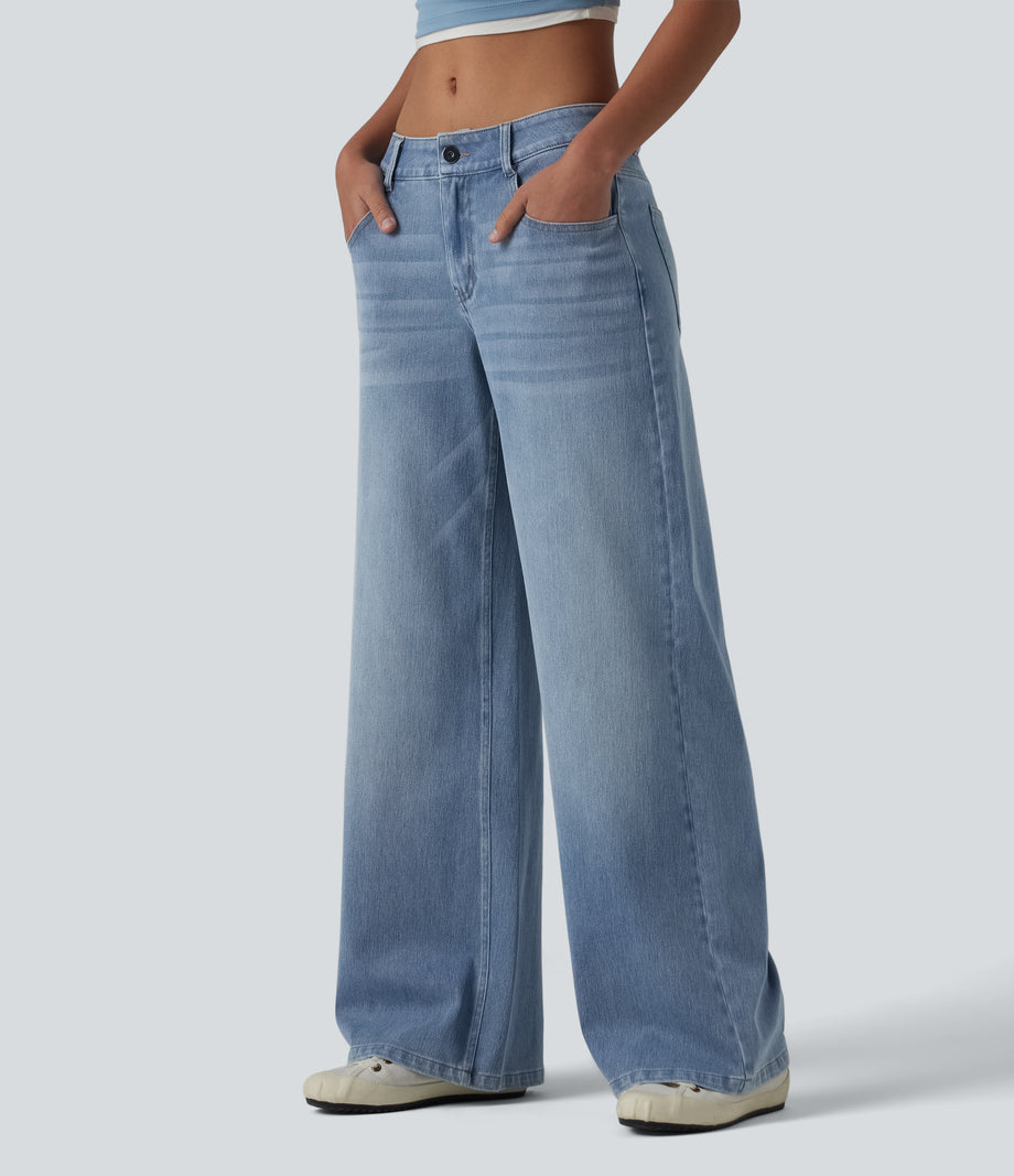 Halara Flex™ Low Rise Zipper Pockets Washed Baggy Wide Leg Casual Jeans - Light Blue – Glacier Light Blue