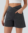 Halara Flex™ Crossover High Waisted Pockets Wide Leg A Line Washed Denim Casual Shorts - Iron Gate Denim