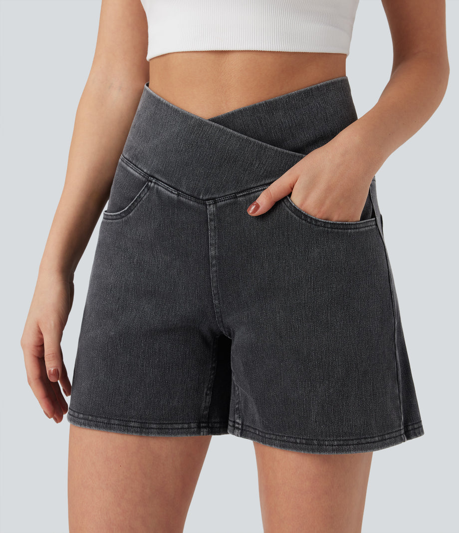 Halara Flex™ Crossover High Waisted Pockets Wide Leg A Line Washed Denim Casual Shorts - Iron Gate Denim
