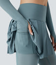 Breezeful™ High Waisted Pleated 2-in-1 Contrast Mesh Quick Dry Dance Stirrup Skirted Leggings with Pockets - Stone Blue