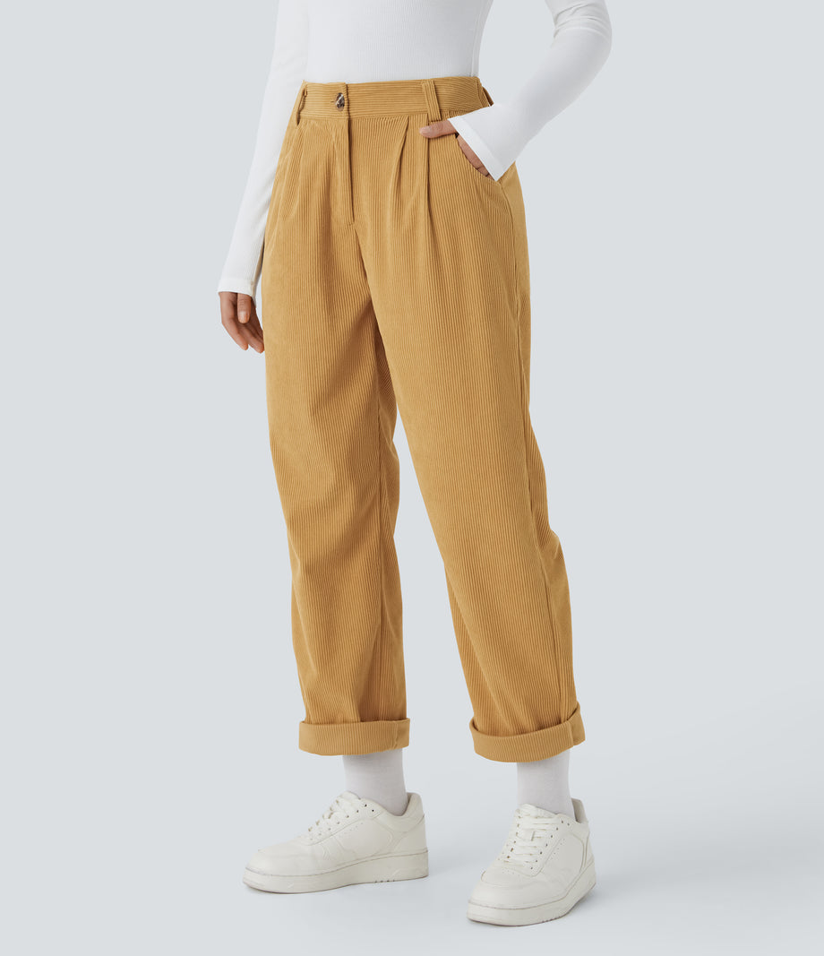 Mid Rise Zipper Pocket Corduroy Casual Pants - Amber Gold