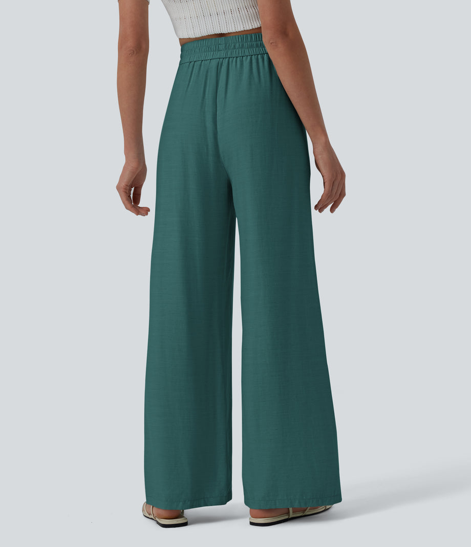 High Waisted Drawstring Wide Leg Casual Linen-Blend Pants with Pockets - Jasper