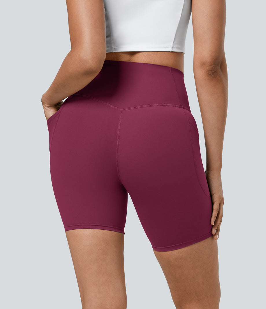 Halara UltraSculpt™ High Waisted Tummy Control Pocket Shaping Training Biker Shorts 7'' - Red Plum