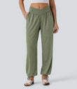 Crossover High Waisted Pocket Drawstring Casual Joggers - Light Green Floral Yarn