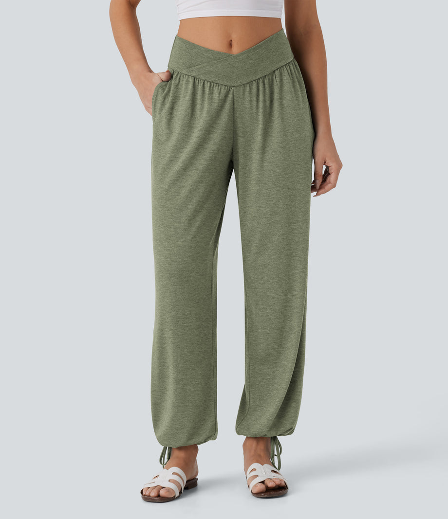 Crossover High Waisted Pocket Drawstring Casual Joggers - Light Green Floral Yarn