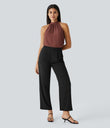Keyhole Back Halter Sleeveless Curved Hem Work Blouse - Mahogany