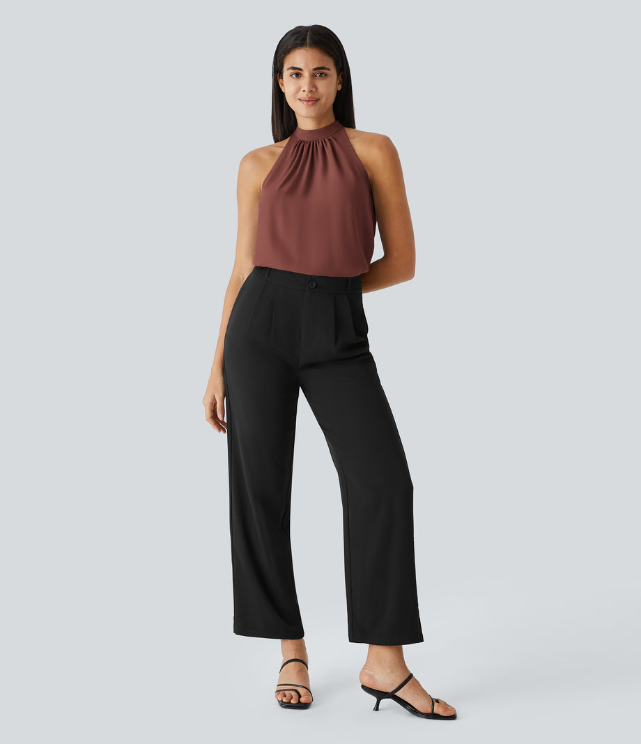 Keyhole Back Halter Sleeveless Curved Hem Work Blouse - Mahogany