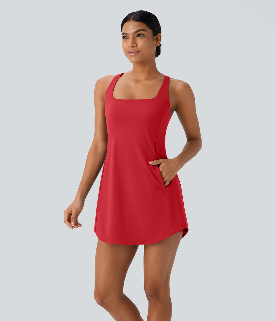 SoftlyZero™ Plush Cut Out Pocket 2-Piece Mini Yoga Active Dress - Mars Red