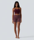 SoftlyZero™ High Waisted Crossover Contrast Lace Pocket Yoga Biker Shorts 5''-UPF50+ - Red Mahogany