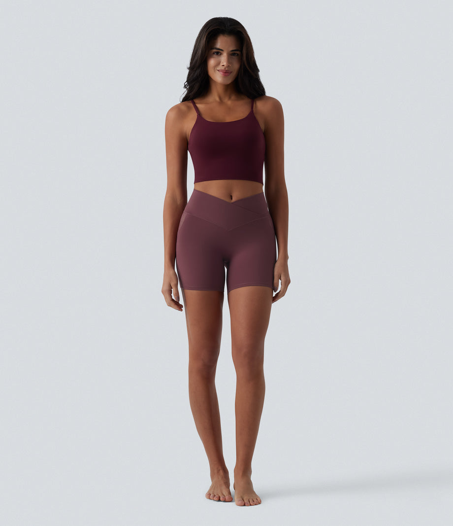 SoftlyZero™ High Waisted Crossover Contrast Lace Pocket Yoga Biker Shorts 5''-UPF50+ - Red Mahogany
