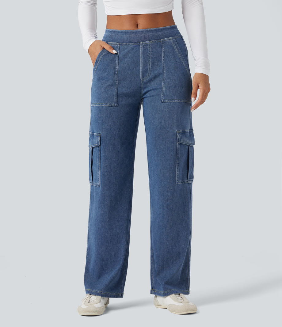 Halara Flex™ Mid Rise Pockets Straight Leg Casual Cargo Jeans - Light Floral Blue Denim