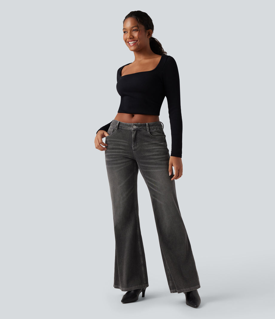 Halara Flex™ Low Rise Flare Washed Casual Jeans with Pockets - Cool Gray Denim